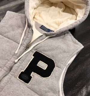 Polo Ralph Lauren Varsity Chenille P Patch Hooded Puffer Vest Mens M Gray